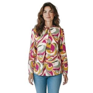 Pleione Women's Blouse S Swirl Geometric Print Mock Neck Ruched Long Sleeve Top